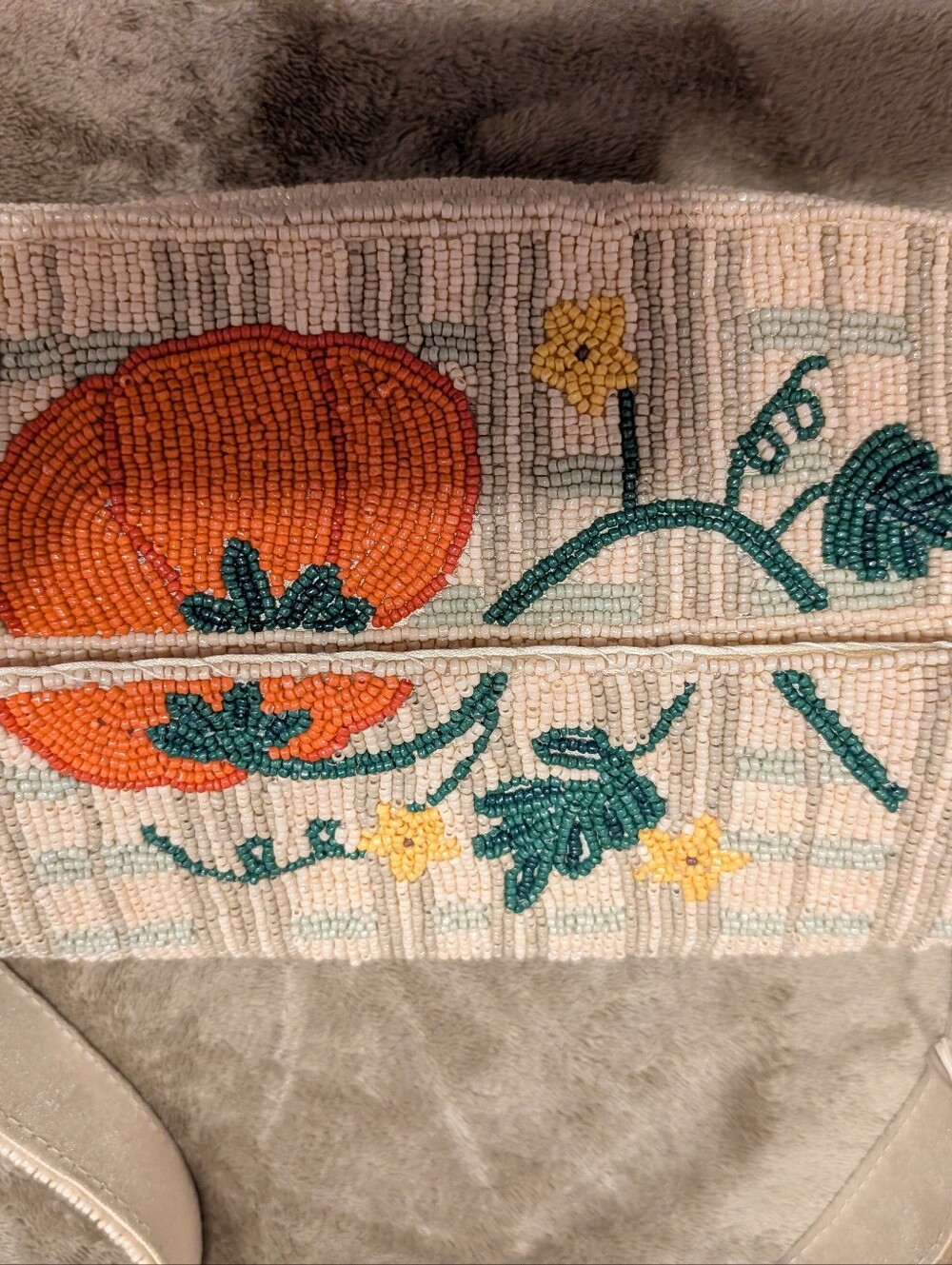 Viral Pumpkin Neutral Beaded Shoulder Bag with Subtle Mint Trim - Picture 2 of 4